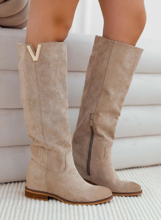 Chloe – Beige Suede Heeled Ankle Boots