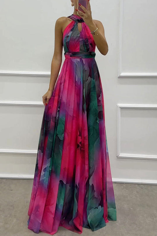 Elaine - Tulle Floral Splash Print Cutout Halter Tie-up Neck Gown Maxi Dress