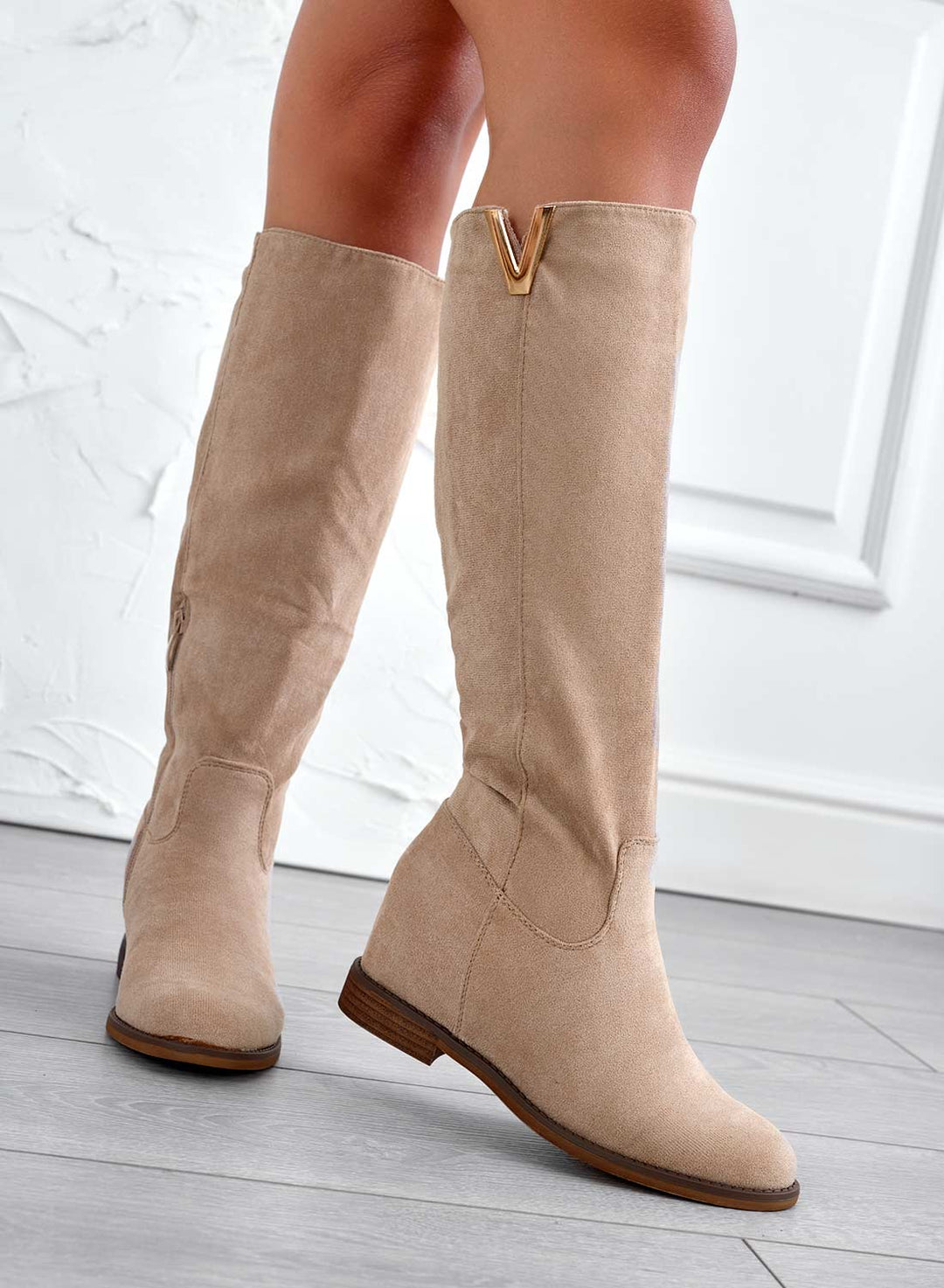 Chloe – Beige Suede Heeled Ankle Boots