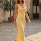 Women’s openwork knit maxi dress with a diamond knit texture, round neckline, wide straps, and sleeveless design for beach and summer wear.