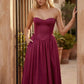 Women's strapless corset midi dress with a structured sweetheart neckline, boned bodice, pintuck basque waist and full pleated A-line skirt, elegant wedding guest and occasion dress.
