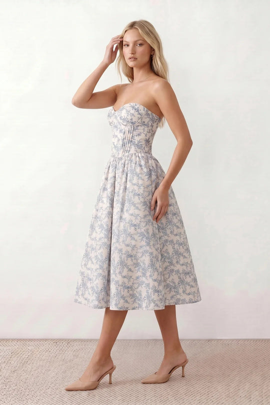 Women's Strapless Corset Midi Dress with Basque Waist for Wedding Guest & Occasion Wear