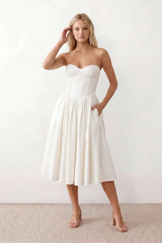 Women's Strapless Corset Midi Dress with Basque Waist for Wedding Guest & Occasion Wear
