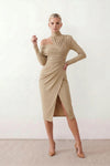 Woman wearing the Asymmetric Neck Open Back Midi Dress featuring an asymmetric mock-neck halter, off-shoulder ruched detailing, long fitted sleeves, an elegant open back, fitted midi silhouette and front slit, styled for weddings, cocktail parties and formal occasions.