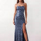 Women's Sequined Spaghetti Strap Maxi Dress in a full-length trumpet silhouette with all-over shimmering sequins, square neckline, delicate spaghetti straps, adjustable lace-up back, and elegant front slit, designed for weddings, proms, black-tie events, and formal evening occasions.