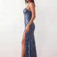 Women's Sequined Spaghetti Strap Maxi Dress in a full-length trumpet silhouette with all-over shimmering sequins, square neckline, delicate spaghetti straps, adjustable lace-up back, and elegant front slit, designed for weddings, proms, black-tie events, and formal evening occasions.
