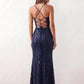 Women's Sequined Spaghetti Strap Maxi Dress in a full-length trumpet silhouette with all-over shimmering sequins, square neckline, delicate spaghetti straps, adjustable lace-up back, and elegant front slit, designed for weddings, proms, black-tie events, and formal evening occasions.