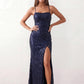 Women's Sequined Spaghetti Strap Maxi Dress in a full-length trumpet silhouette with all-over shimmering sequins, square neckline, delicate spaghetti straps, adjustable lace-up back, and elegant front slit, designed for weddings, proms, black-tie events, and formal evening occasions.