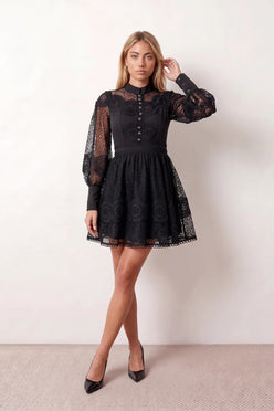 Woman wearing the Lace Openwork Mini Dress featuring intricate lace-inspired openwork, a mandarin collar, decorative front buttons, long sleeves, a fitted waist, and a scalloped mini hem, ideal for weddings, cocktail parties, and elegant occasions.