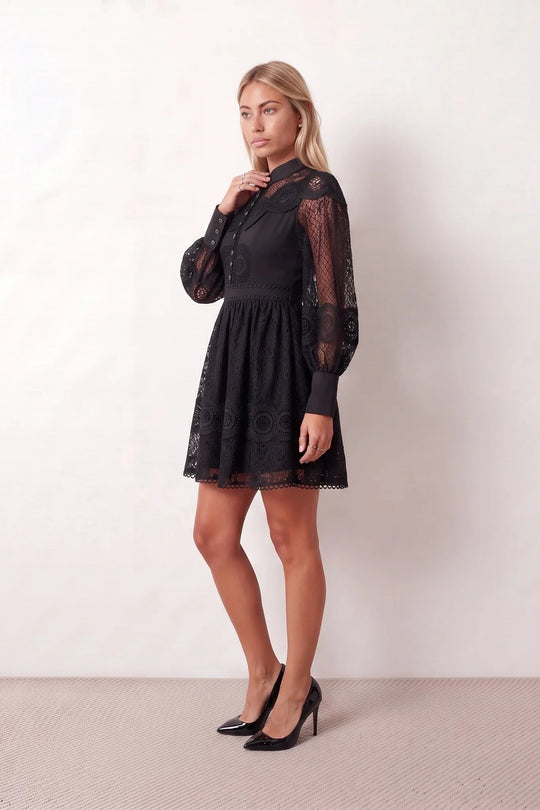 Woman wearing the Lace Openwork Mini Dress featuring intricate lace-inspired openwork, a mandarin collar, decorative front buttons, long sleeves, a fitted waist, and a scalloped mini hem, ideal for weddings, cocktail parties, and elegant occasions.