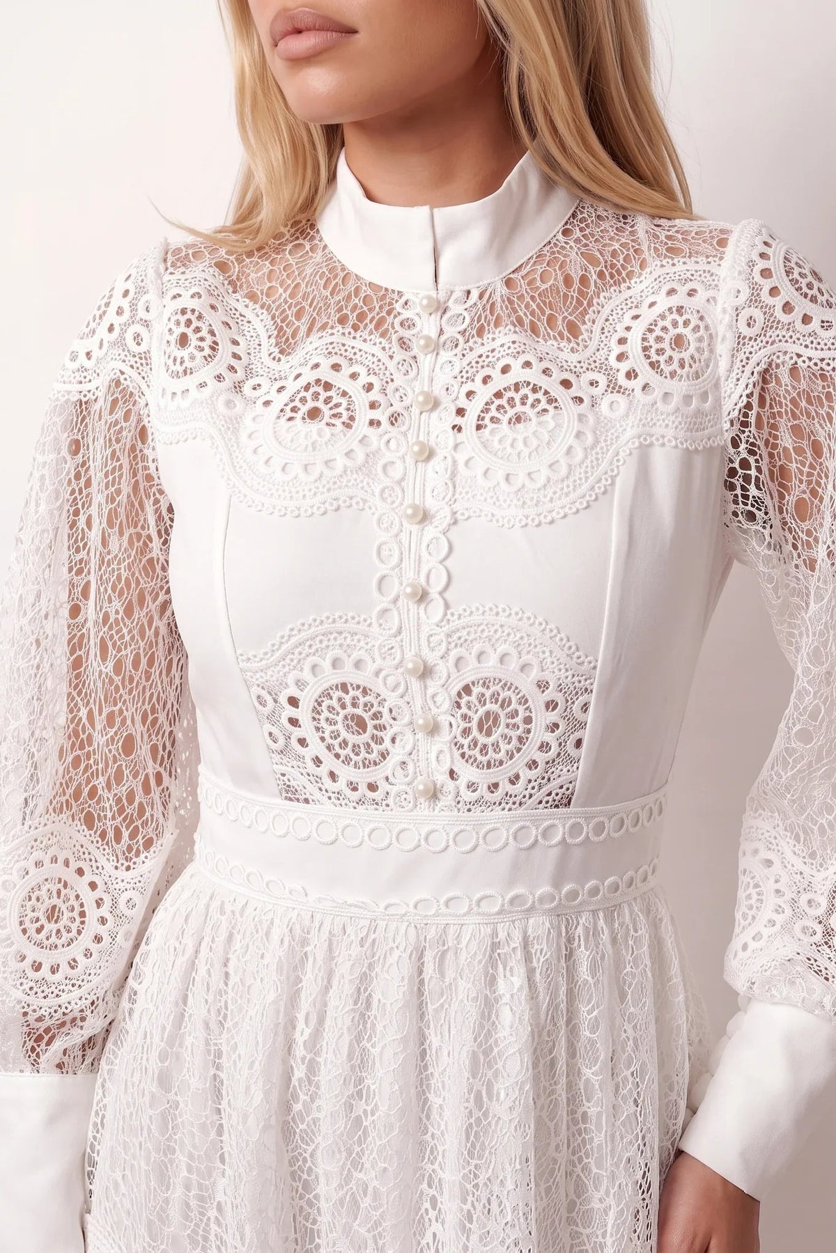 Woman wearing the Lace Openwork Mini Dress featuring intricate lace-inspired openwork, a mandarin collar, decorative front buttons, long sleeves, a fitted waist, and a scalloped mini hem, ideal for weddings, cocktail parties, and elegant occasions.