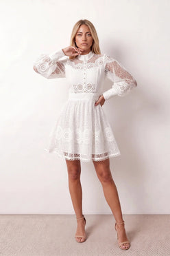 Woman wearing the Lace Openwork Mini Dress featuring intricate lace-inspired openwork, a mandarin collar, decorative front buttons, long sleeves, a fitted waist, and a scalloped mini hem, ideal for weddings, cocktail parties, and elegant occasions.