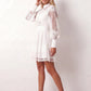 Woman wearing the Openwork Mini Dress featuring intricate lace-inspired openwork, a mandarin collar, decorative front buttons, long sleeves, a fitted waist, and a scalloped mini hem, ideal for weddings, cocktail parties, and elegant occasions.