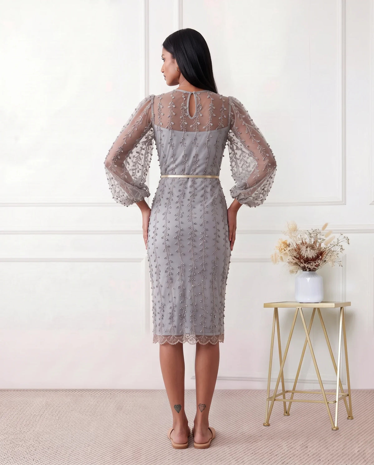 Women's Letitia fitted embroidered knee-length wedding guest dress featuring intricate all-over embroidery, delicate bead embellishments, sheer bodice panels, a round neckline, detachable waist belt, fitted sheath silhouette, scalloped hem, and concealed back zip fastening.