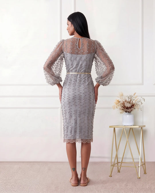 Women's Letitia fitted embroidered knee-length wedding guest dress featuring intricate all-over embroidery, delicate bead embellishments, sheer bodice panels, a round neckline, detachable waist belt, fitted sheath silhouette, scalloped hem, and concealed back zip fastening.