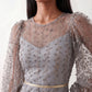 Women's Letitia fitted embroidered knee-length wedding guest dress featuring intricate all-over embroidery, delicate bead embellishments, sheer bodice panels, a round neckline, detachable waist belt, fitted sheath silhouette, scalloped hem, and concealed back zip fastening.