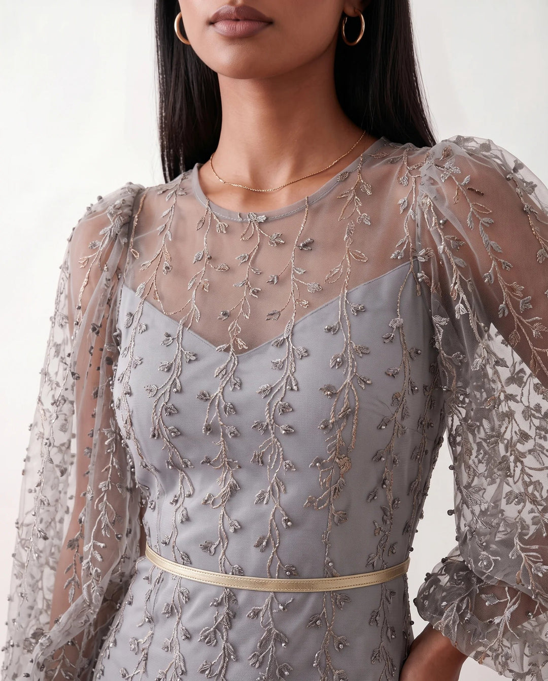 Women's Letitia fitted embroidered knee-length wedding guest dress featuring intricate all-over embroidery, delicate bead embellishments, sheer bodice panels, a round neckline, detachable waist belt, fitted sheath silhouette, scalloped hem, and concealed back zip fastening.