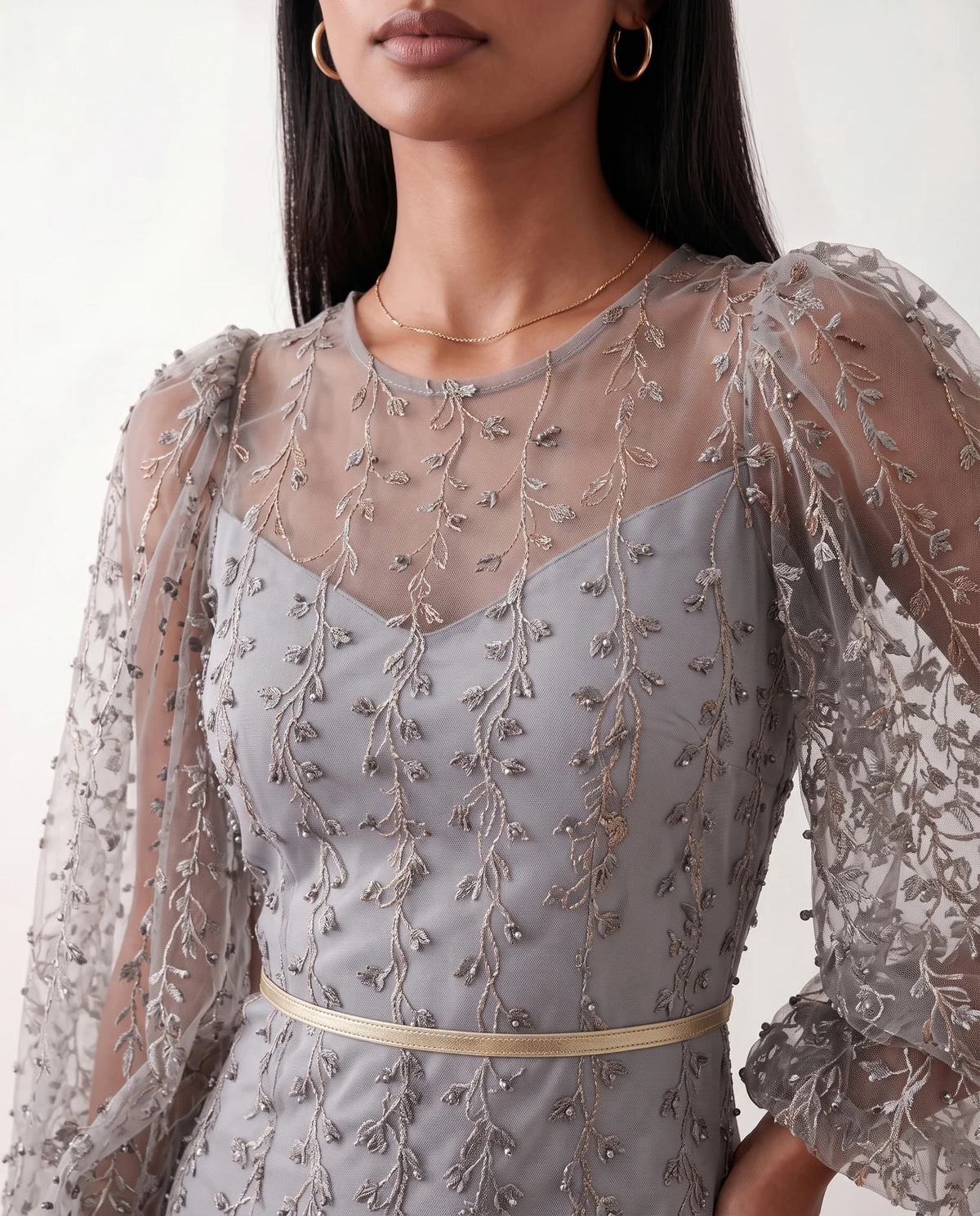 Women's Letitia fitted embroidered knee-length wedding guest dress featuring intricate all-over embroidery, delicate bead embellishments, sheer bodice panels, a round neckline, detachable waist belt, fitted sheath silhouette, scalloped hem, and concealed back zip fastening.