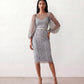 Women's Letitia fitted embroidered knee-length wedding guest dress featuring intricate all-over embroidery, delicate bead embellishments, sheer bodice panels, a round neckline, detachable waist belt, fitted sheath silhouette, scalloped hem, and concealed back zip fastening.