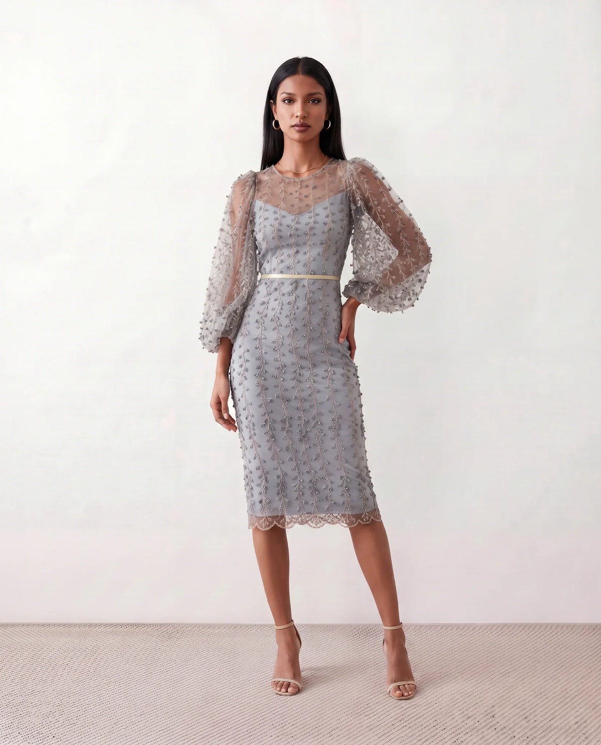 Women's Letitia fitted embroidered knee-length wedding guest dress featuring intricate all-over embroidery, delicate bead embellishments, sheer bodice panels, a round neckline, detachable waist belt, fitted sheath silhouette, scalloped hem, and concealed back zip fastening.