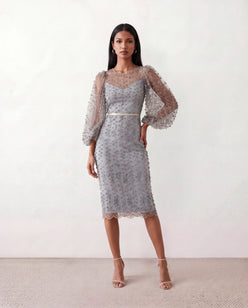 Women's Letitia fitted embroidered knee-length wedding guest dress featuring intricate all-over embroidery, delicate bead embellishments, sheer bodice panels, a round neckline, detachable waist belt, fitted sheath silhouette, scalloped hem, and concealed back zip fastening.