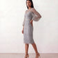 Women's Letitia fitted embroidered knee-length wedding guest dress featuring intricate all-over embroidery, delicate bead embellishments, sheer bodice panels, a round neckline, detachable waist belt, fitted sheath silhouette, scalloped hem, and concealed back zip fastening.