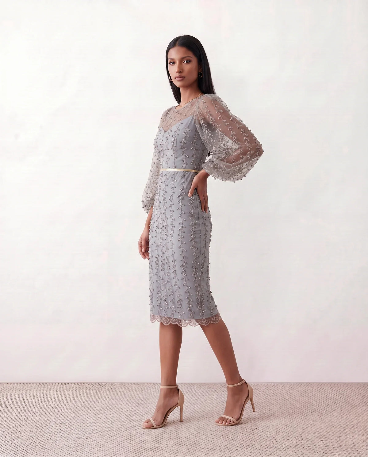 Women's Letitia fitted embroidered knee-length wedding guest dress featuring intricate all-over embroidery, delicate bead embellishments, sheer bodice panels, a round neckline, detachable waist belt, fitted sheath silhouette, scalloped hem, and concealed back zip fastening.