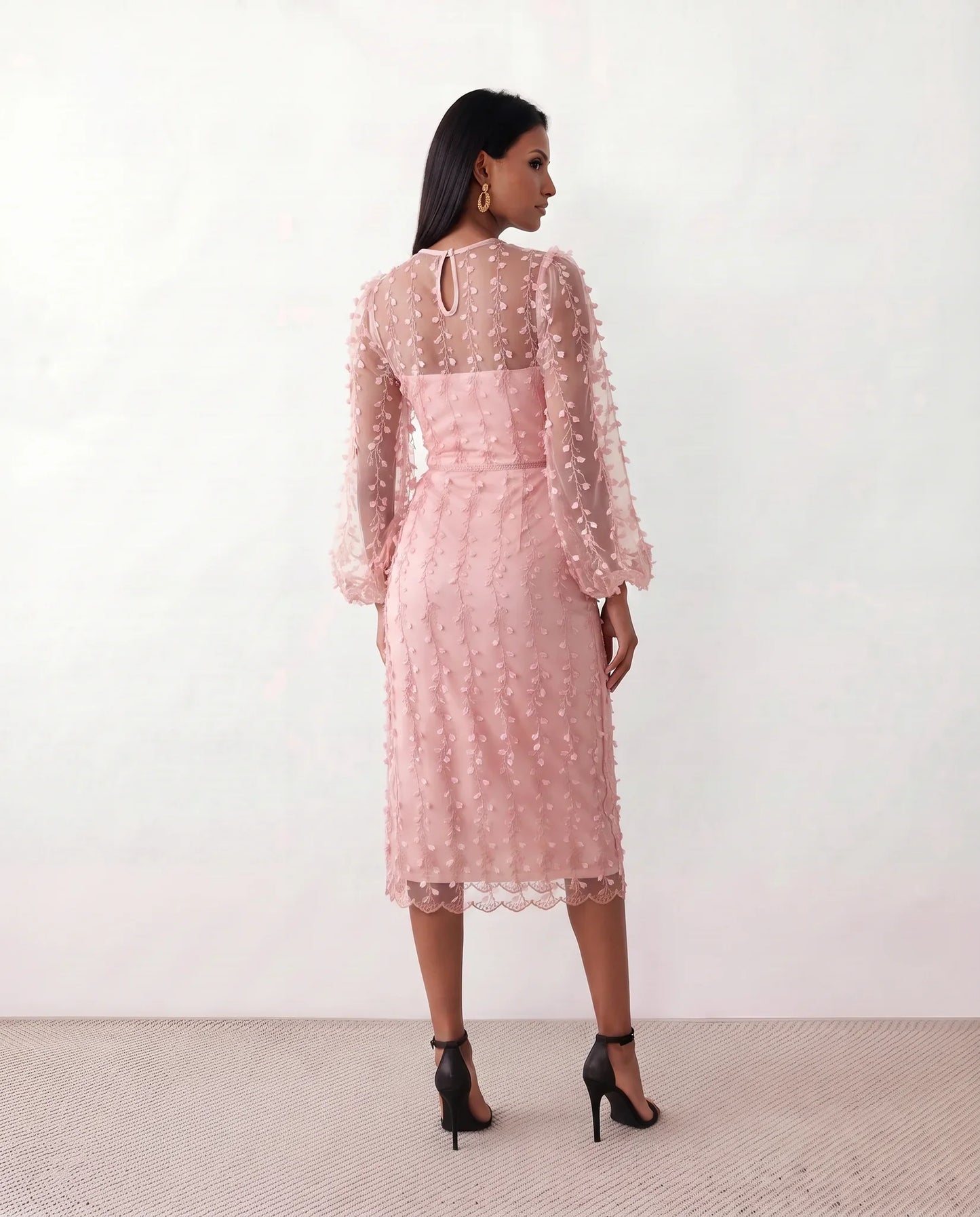 Women's Letitia fitted embroidered knee-length wedding guest dress featuring intricate all-over embroidery, delicate bead embellishments, sheer bodice panels, a round neckline, detachable waist belt, fitted sheath silhouette, scalloped hem, and concealed back zip fastening.