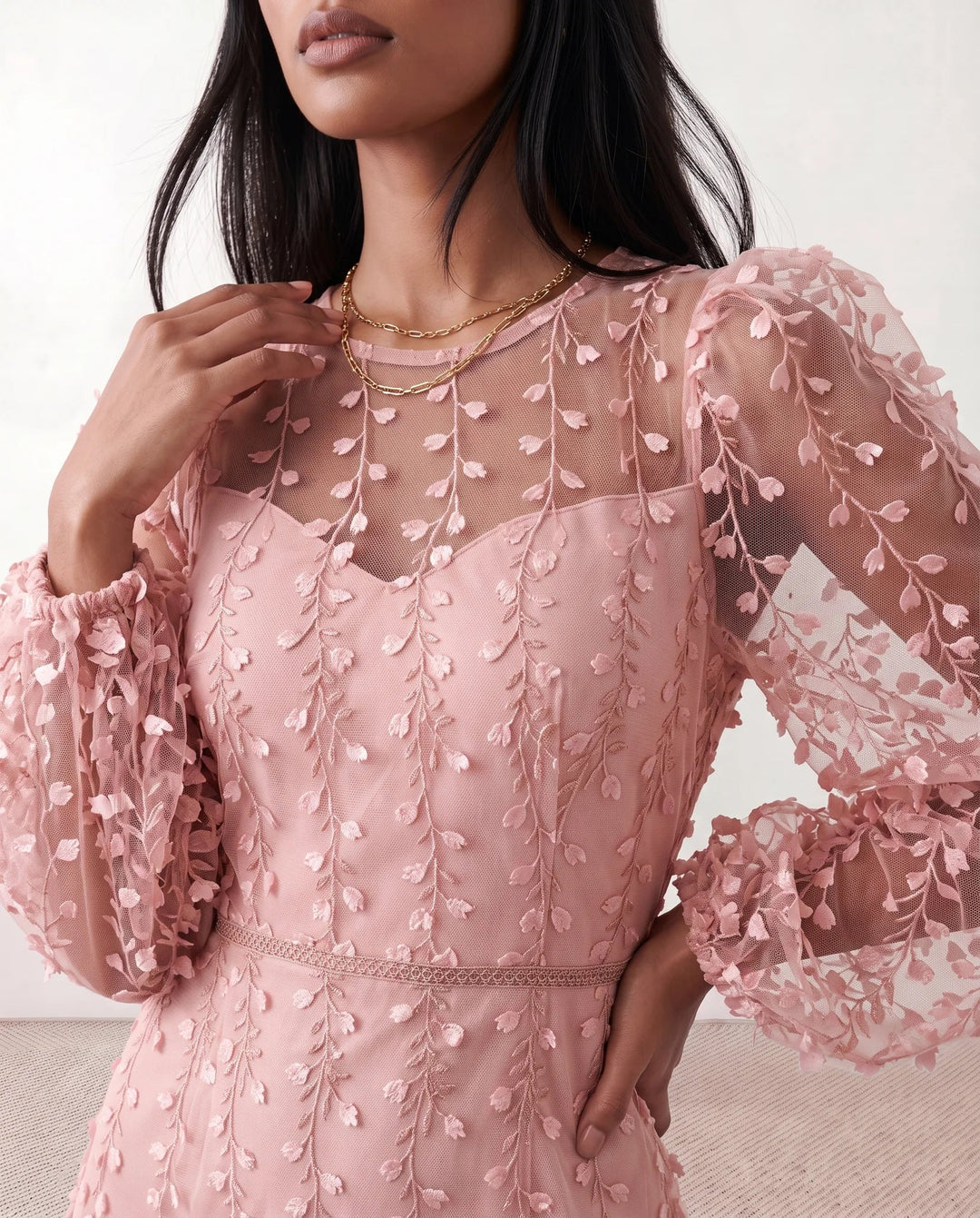 Women's Letitia fitted embroidered knee-length wedding guest dress featuring intricate all-over embroidery, delicate bead embellishments, sheer bodice panels, a round neckline, detachable waist belt, fitted sheath silhouette, scalloped hem, and concealed back zip fastening.