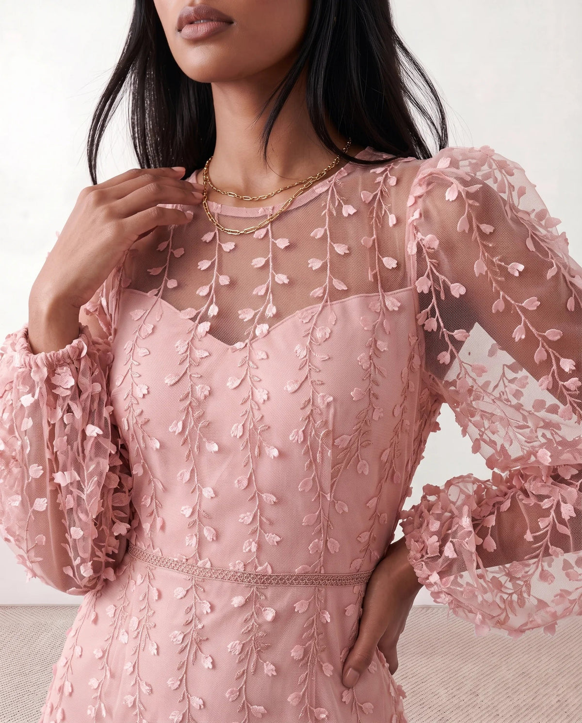 Women's Letitia fitted embroidered knee-length wedding guest dress featuring intricate all-over embroidery, delicate bead embellishments, sheer bodice panels, a round neckline, detachable waist belt, fitted sheath silhouette, scalloped hem, and concealed back zip fastening.