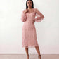 Women's Letitia fitted embroidered knee-length wedding guest dress featuring intricate all-over embroidery, delicate bead embellishments, sheer bodice panels, a round neckline, detachable waist belt, fitted sheath silhouette, scalloped hem, and concealed back zip fastening.