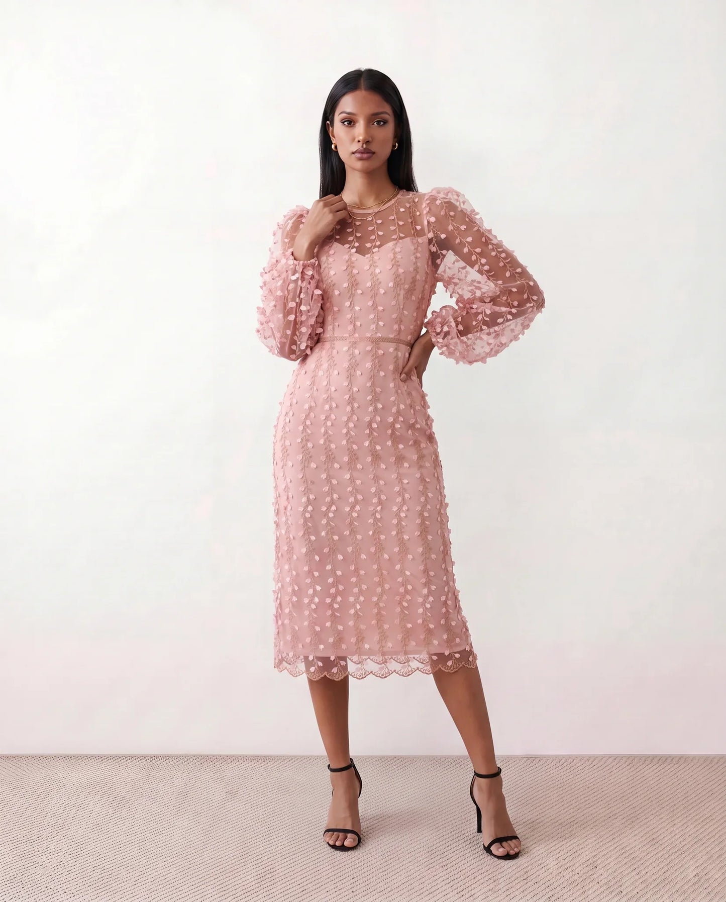 Women's Letitia fitted embroidered knee-length wedding guest dress featuring intricate all-over embroidery, delicate bead embellishments, sheer bodice panels, a round neckline, detachable waist belt, fitted sheath silhouette, scalloped hem, and concealed back zip fastening.