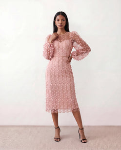 Women's Letitia fitted embroidered knee-length wedding guest dress featuring intricate all-over embroidery, delicate bead embellishments, sheer bodice panels, a round neckline, detachable waist belt, fitted sheath silhouette, scalloped hem, and concealed back zip fastening.
