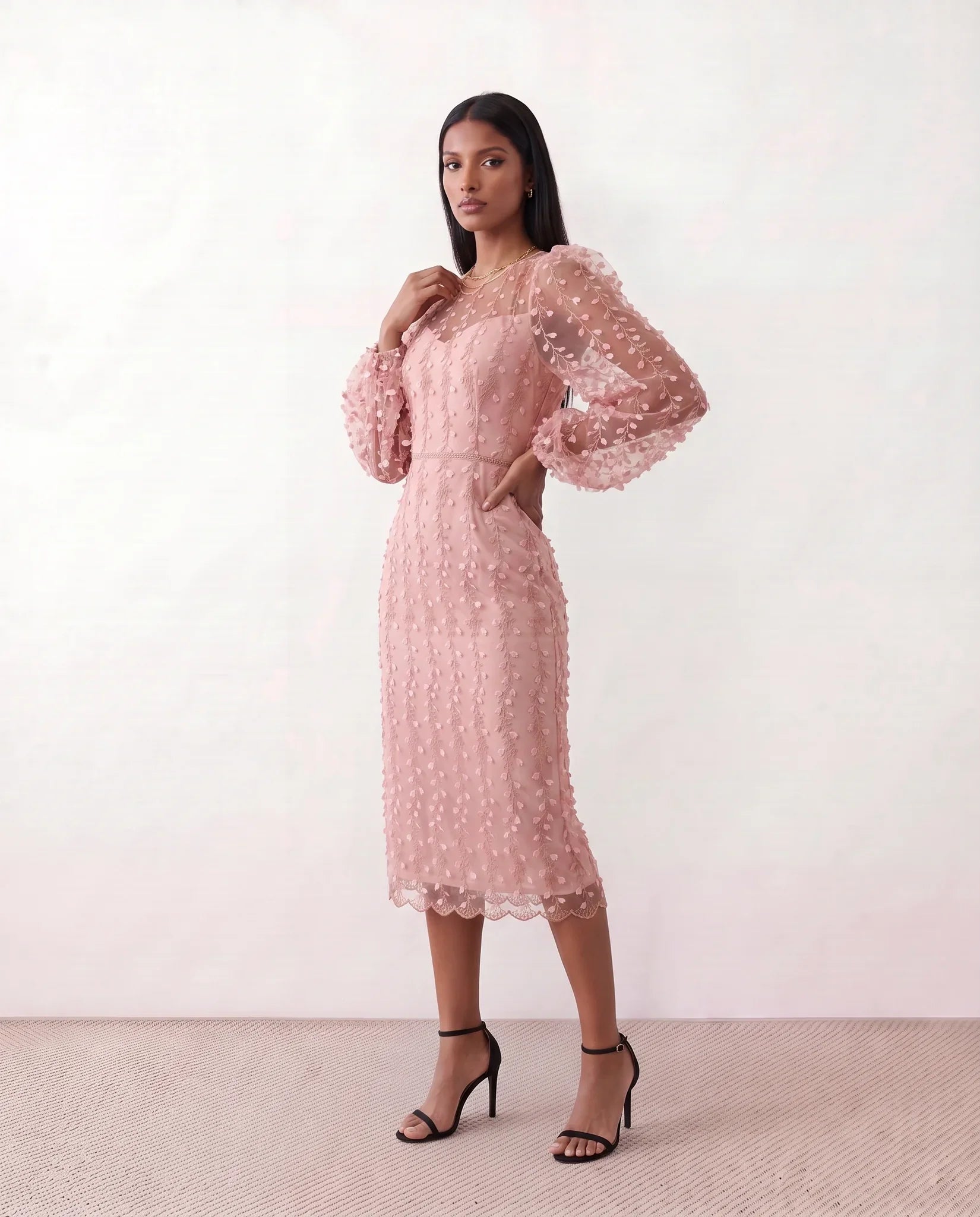 Women's Letitia fitted embroidered knee-length wedding guest dress featuring intricate all-over embroidery, delicate bead embellishments, sheer bodice panels, a round neckline, detachable waist belt, fitted sheath silhouette, scalloped hem, and concealed back zip fastening.