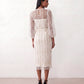 Women's Letitia fitted embroidered knee-length wedding guest dress featuring intricate all-over embroidery, delicate bead embellishments, sheer bodice panels, a round neckline, detachable waist belt, fitted sheath silhouette, scalloped hem, and concealed back zip fastening.
