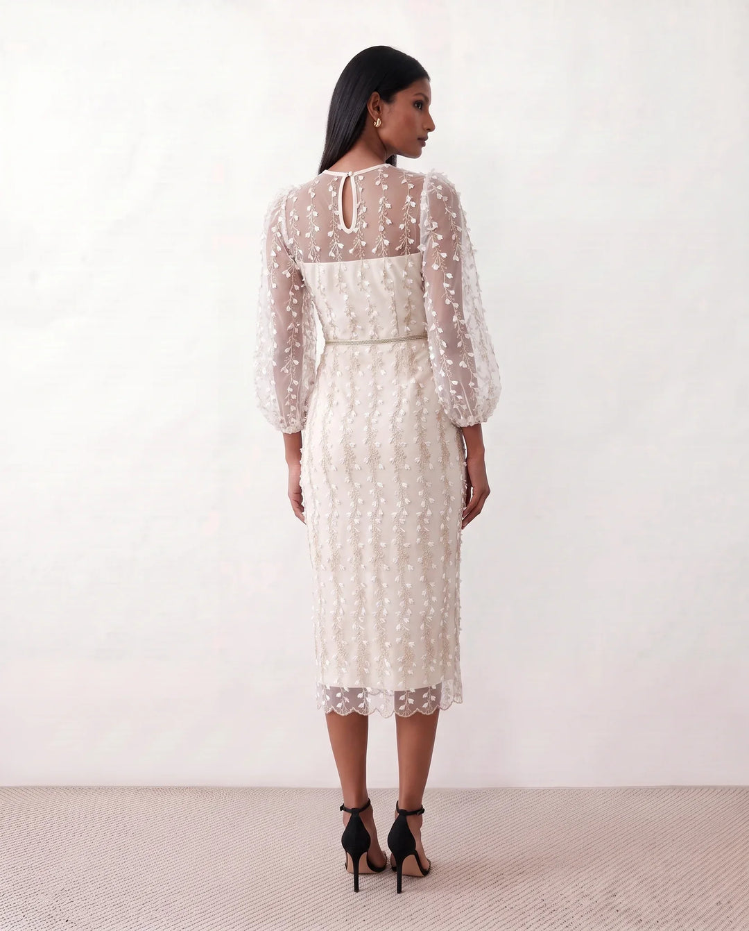 Women's Letitia fitted embroidered knee-length wedding guest dress featuring intricate all-over embroidery, delicate bead embellishments, sheer bodice panels, a round neckline, detachable waist belt, fitted sheath silhouette, scalloped hem, and concealed back zip fastening.