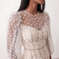 Women's Letitia fitted embroidered knee-length wedding guest dress featuring intricate all-over embroidery, delicate bead embellishments, sheer bodice panels, a round neckline, detachable waist belt, fitted sheath silhouette, scalloped hem, and concealed back zip fastening.