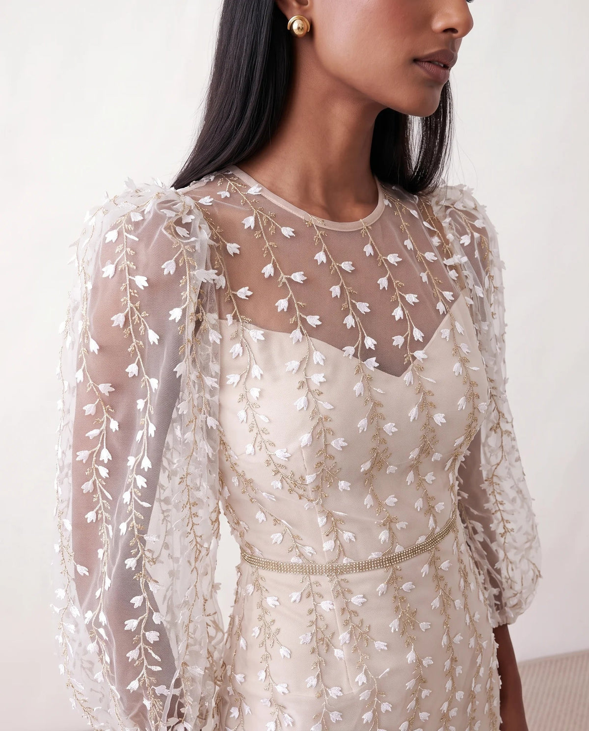 Women's Letitia fitted embroidered knee-length wedding guest dress featuring intricate all-over embroidery, delicate bead embellishments, sheer bodice panels, a round neckline, detachable waist belt, fitted sheath silhouette, scalloped hem, and concealed back zip fastening.