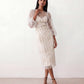 Women's Letitia fitted embroidered knee-length wedding guest dress featuring intricate all-over embroidery, delicate bead embellishments, sheer bodice panels, a round neckline, detachable waist belt, fitted sheath silhouette, scalloped hem, and concealed back zip fastening.