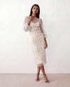 Women's Letitia fitted embroidered knee-length wedding guest dress featuring intricate all-over embroidery, delicate bead embellishments, sheer bodice panels, a round neckline, detachable waist belt, fitted sheath silhouette, scalloped hem, and concealed back zip fastening.