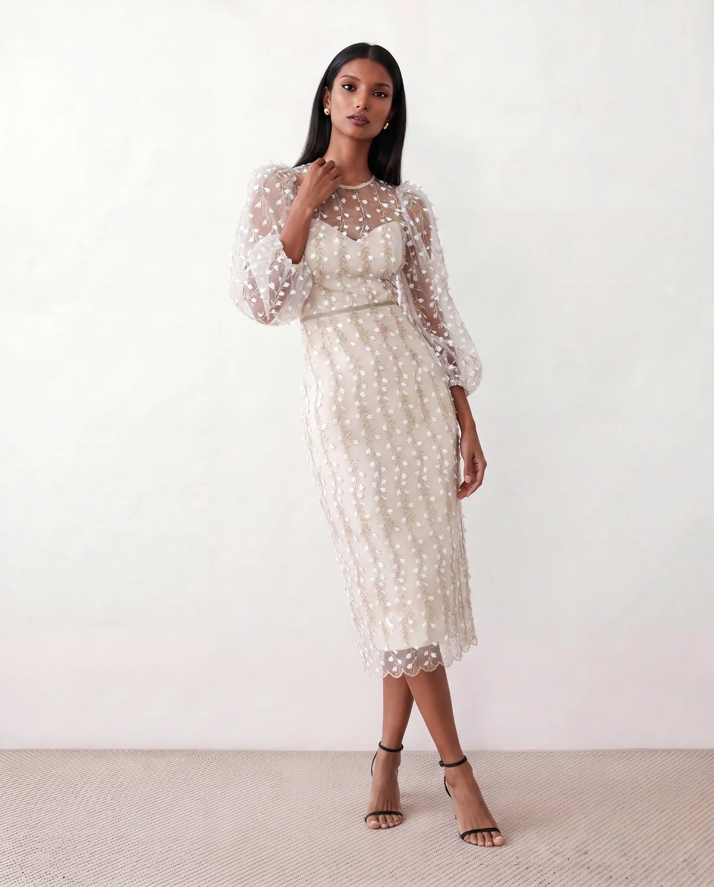 Women's Letitia fitted embroidered knee-length wedding guest dress featuring intricate all-over embroidery, delicate bead embellishments, sheer bodice panels, a round neckline, detachable waist belt, fitted sheath silhouette, scalloped hem, and concealed back zip fastening.