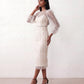 Women's Letitia fitted embroidered knee-length wedding guest dress featuring intricate all-over embroidery, delicate bead embellishments, sheer bodice panels, a round neckline, detachable waist belt, fitted sheath silhouette, scalloped hem, and concealed back zip fastening.