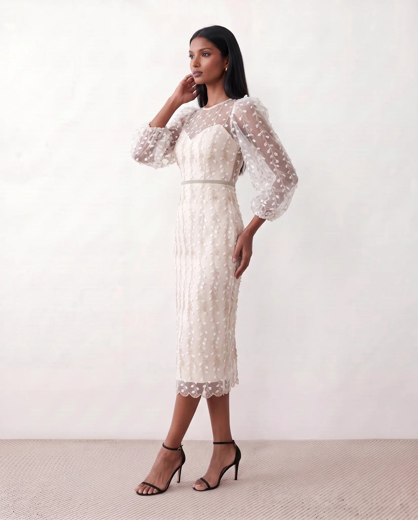 Women's Letitia fitted embroidered knee-length wedding guest dress featuring intricate all-over embroidery, delicate bead embellishments, sheer bodice panels, a round neckline, detachable waist belt, fitted sheath silhouette, scalloped hem, and concealed back zip fastening.