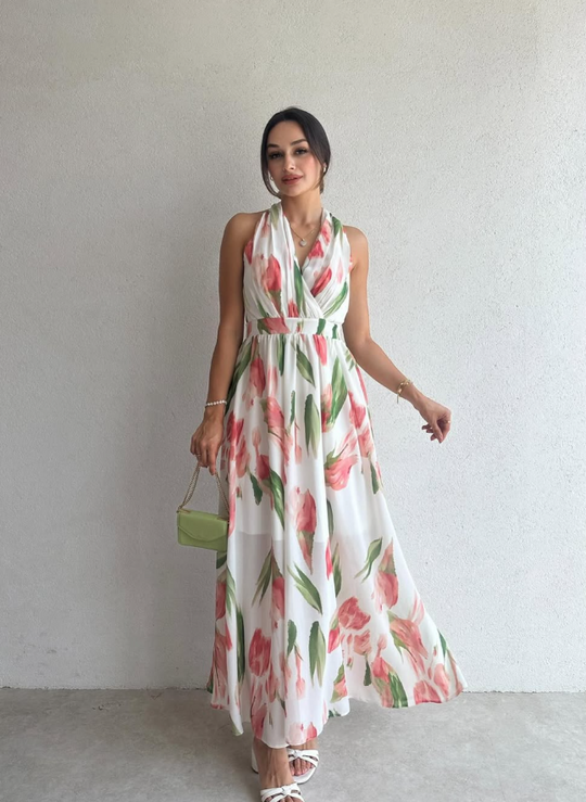 Halsey - Floral Print Halter Maxi Dress