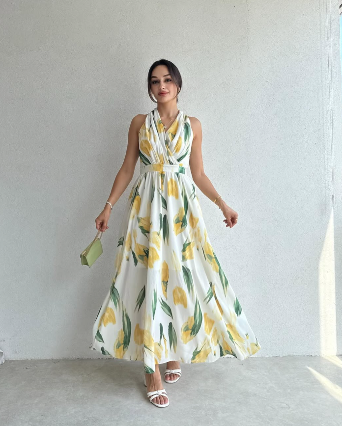 Halsey - Floral Print Halter Maxi Dress