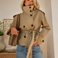 Women's Cropped Trench Jacket - Beige Belted Double Breasted Coat
