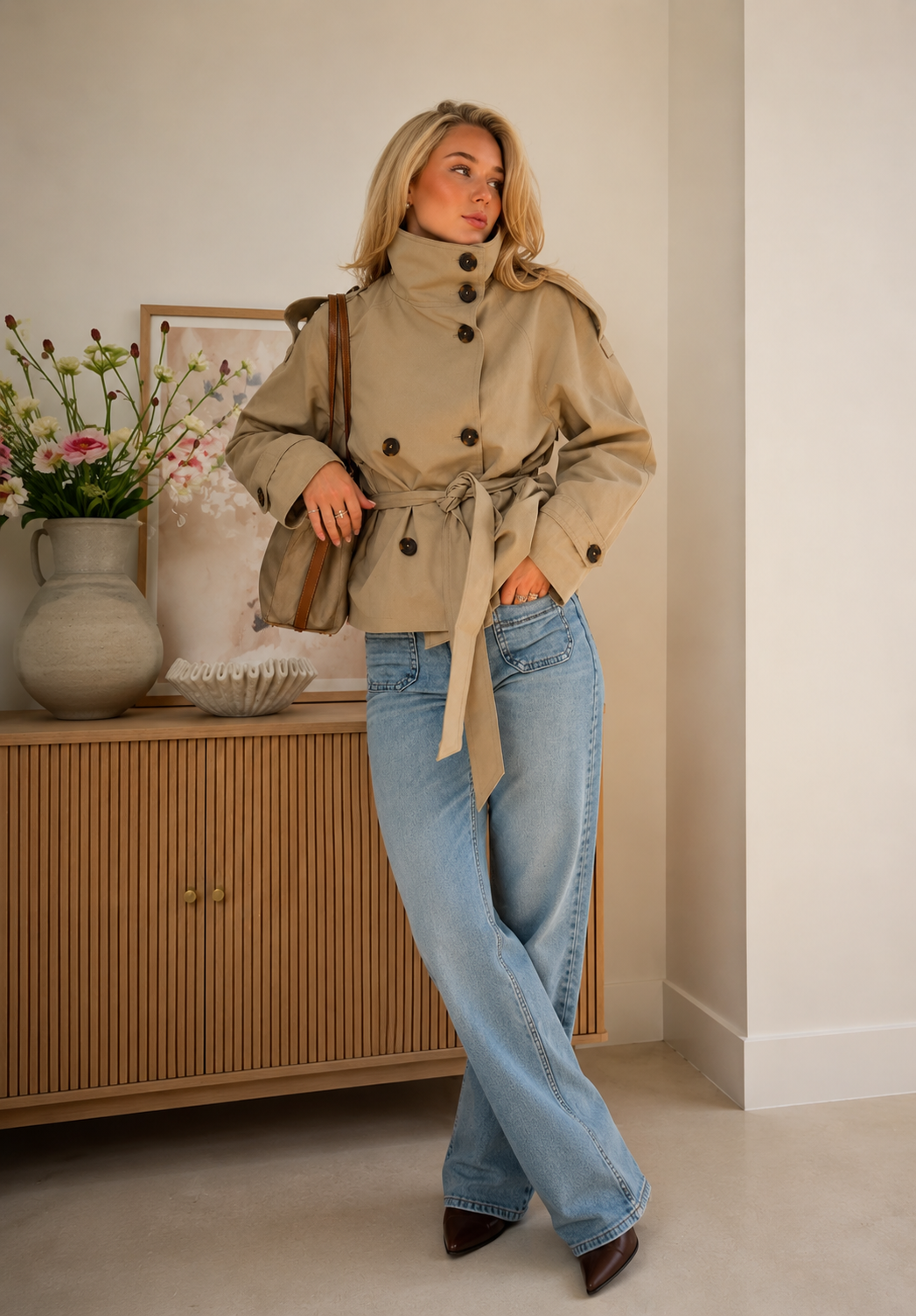 Women's Cropped Trench Jacket - Beige Belted Double Breasted Coat