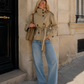 Women's Cropped Trench Jacket - Beige Belted Double Breasted Coat