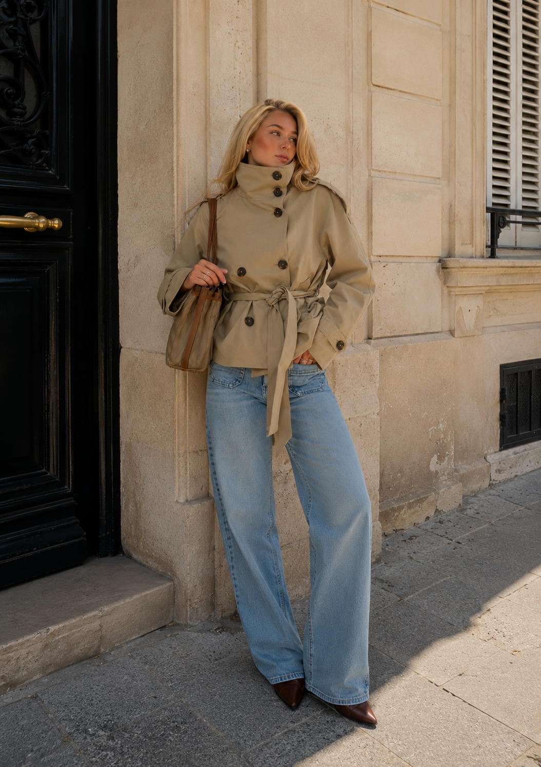 Women's Cropped Trench Jacket - Beige Belted Double Breasted Coat