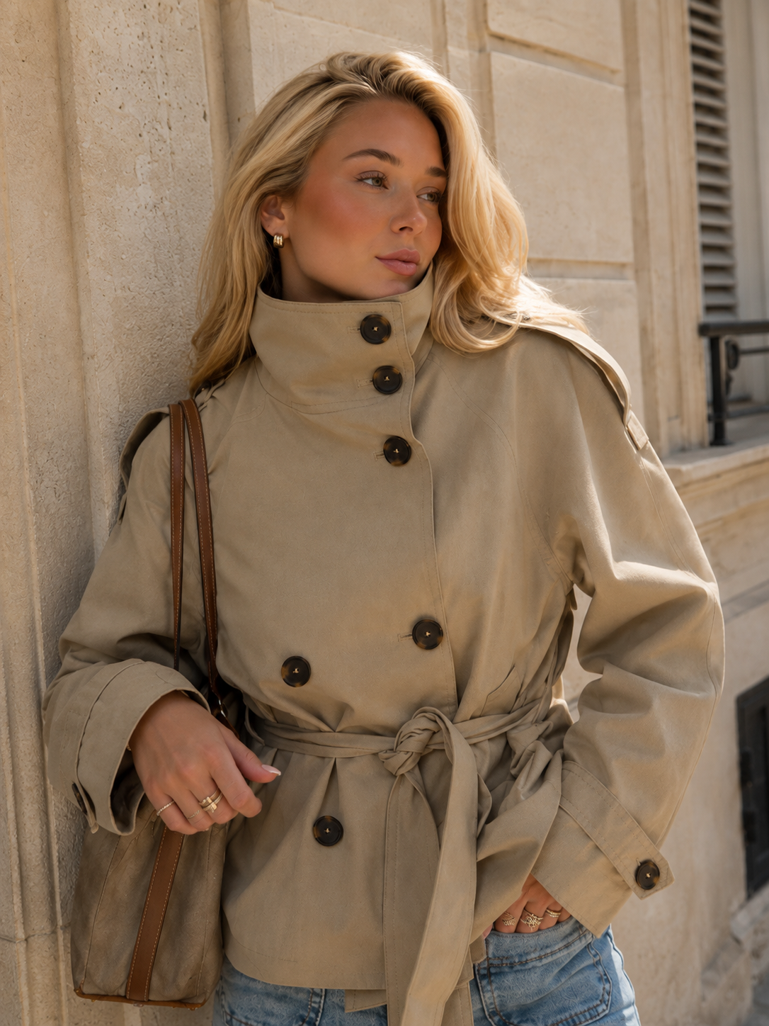 Women's Cropped Trench Jacket - Beige Belted Double Breasted Coat